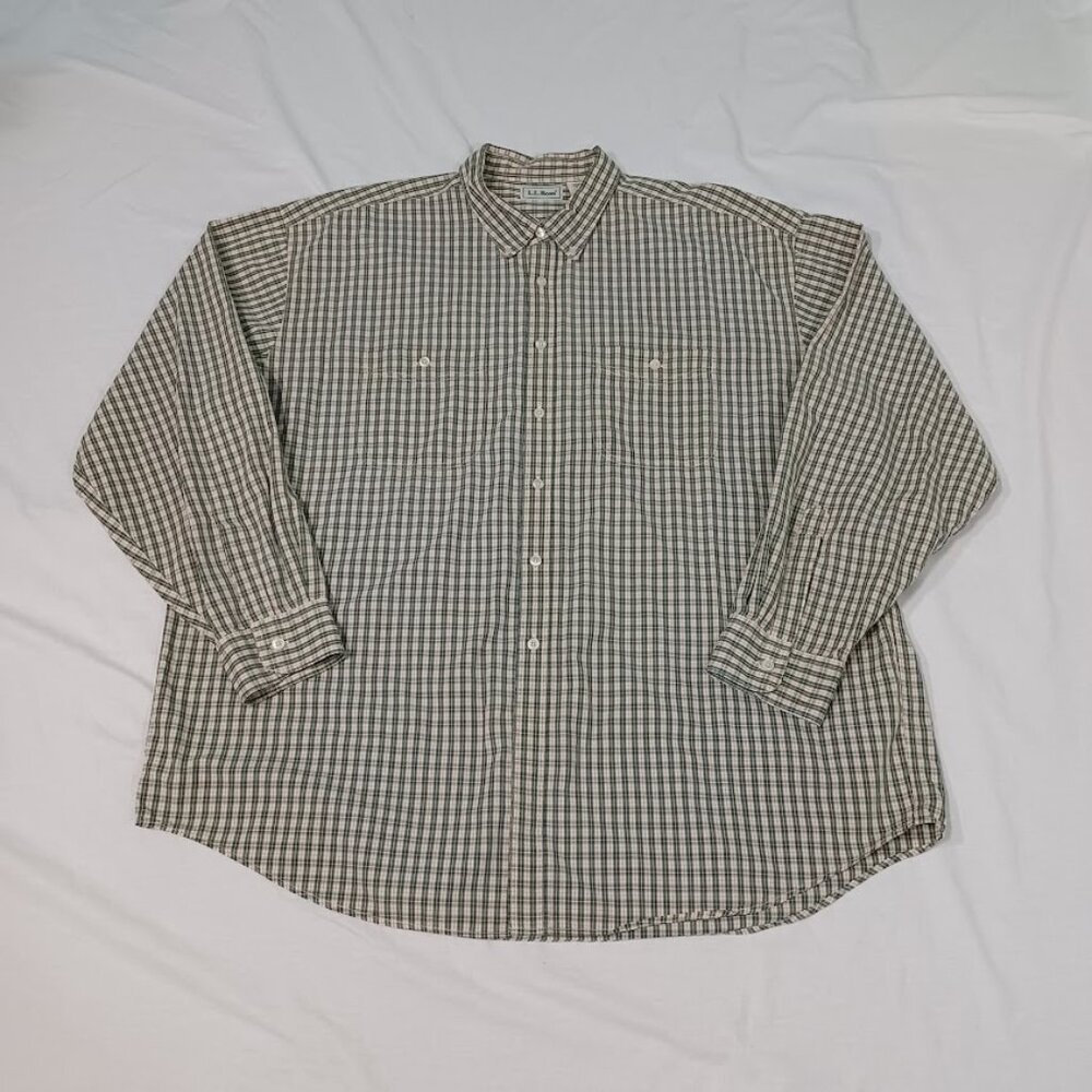 L.L. Bean XXL Men Green Check Plaid Button Down Shirt Long Sleeve